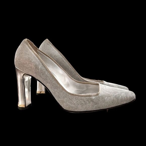 DOLCE & GABANNA Glitter floral silhouette silver block Heels Pumps  6.5US 37EU. - Picture 1 of 7